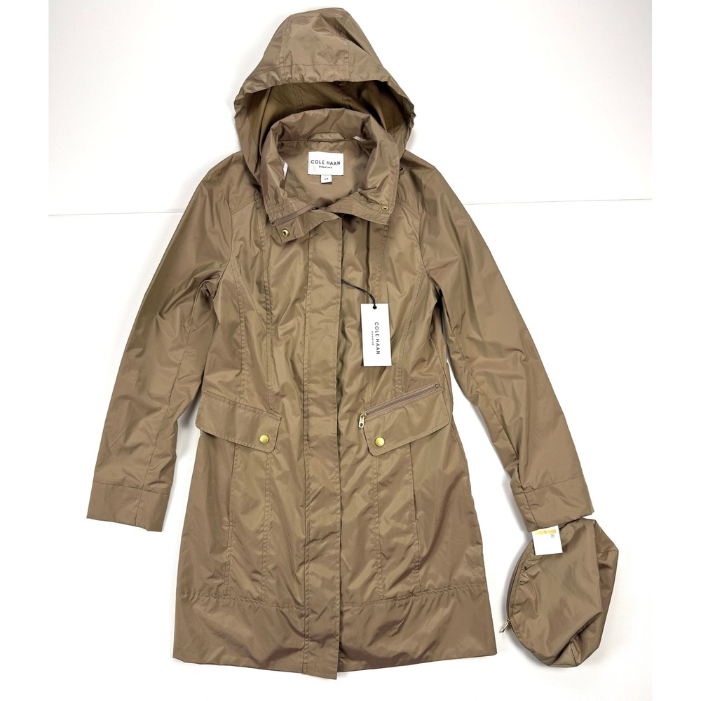 NWT Cole Haan Signature Packable Raincoat Tan Hooded Gold Trim Small Pouch #1960